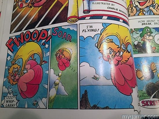 Mario uses a cape to fly in the game. Here, Princess.