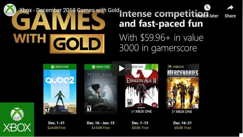 Xbox Games with Gold Dec 2018