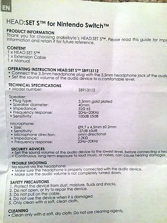 Snakebyte Headset S Switch instructions